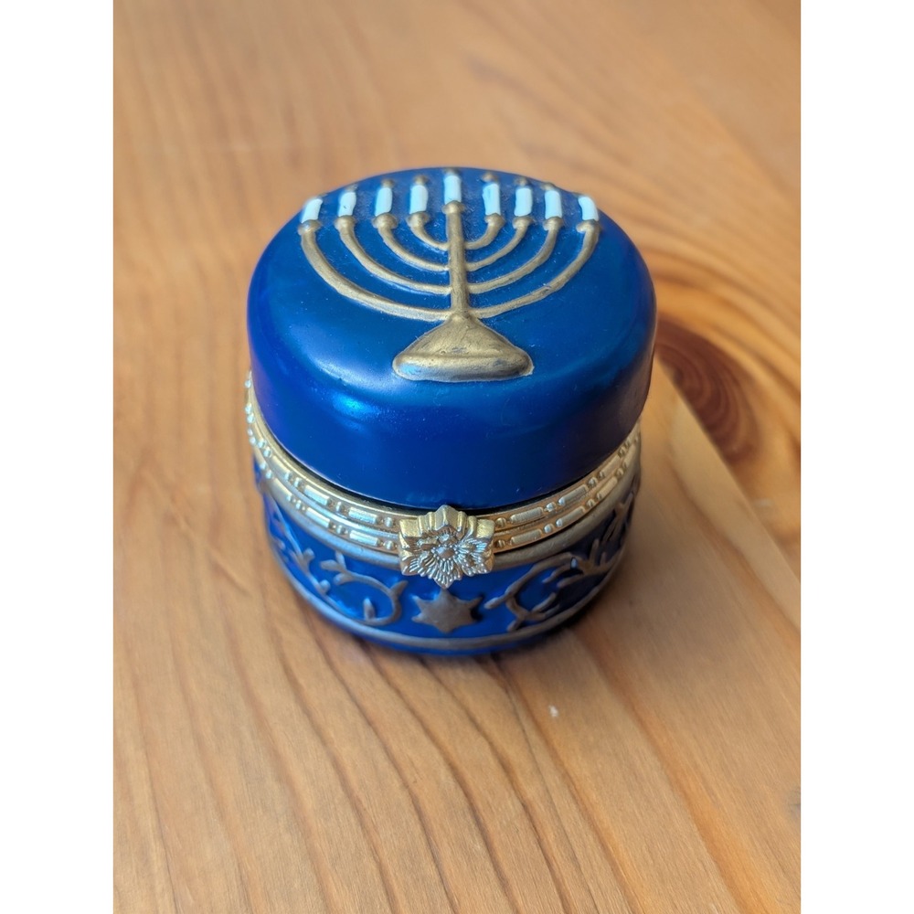 Vintage Limoges Style Blue Chanukah Menorah Trinket Box